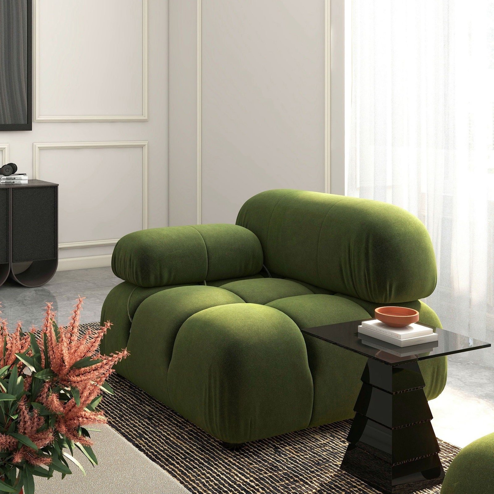 Ambiente contemporâneo com superfícies têxteis